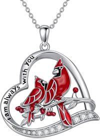 wholesale 925 Sterling Silver Red Enamel Cardinals in Love Heart Pendant Necklace for Women-Heart Cardinal