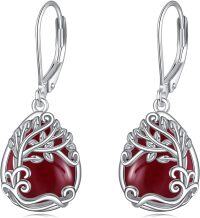 wholesale Sterling Silver Moonstone Leverback Teardrop Dangle Earrings for Women-MM-Tree of Life Red Agate