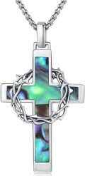 wholesale 925 Sterling Silver Abalone Shell Crown of Thorns Cross Necklace Catholic Jewelry for Men & Women-0-0
