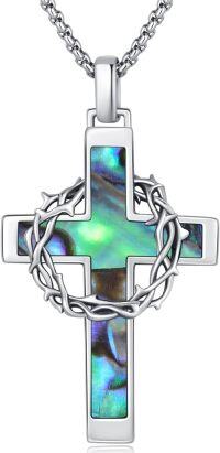 wholesale 925 Sterling Silver Abalone Shell Crown of Thorns Cross Necklace Catholic Jewelry for Men & Women-Cross Abalone