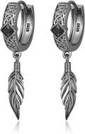wholesale 925 Sterling Silver Feather Drop Huggie Earrings with Celtic Knots and Black Stone for Men & Women-0-0
