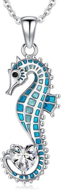 wholesale 925 Sterling Silver Birthstone Blue Seahorse Heart Pendant Necklace-April
