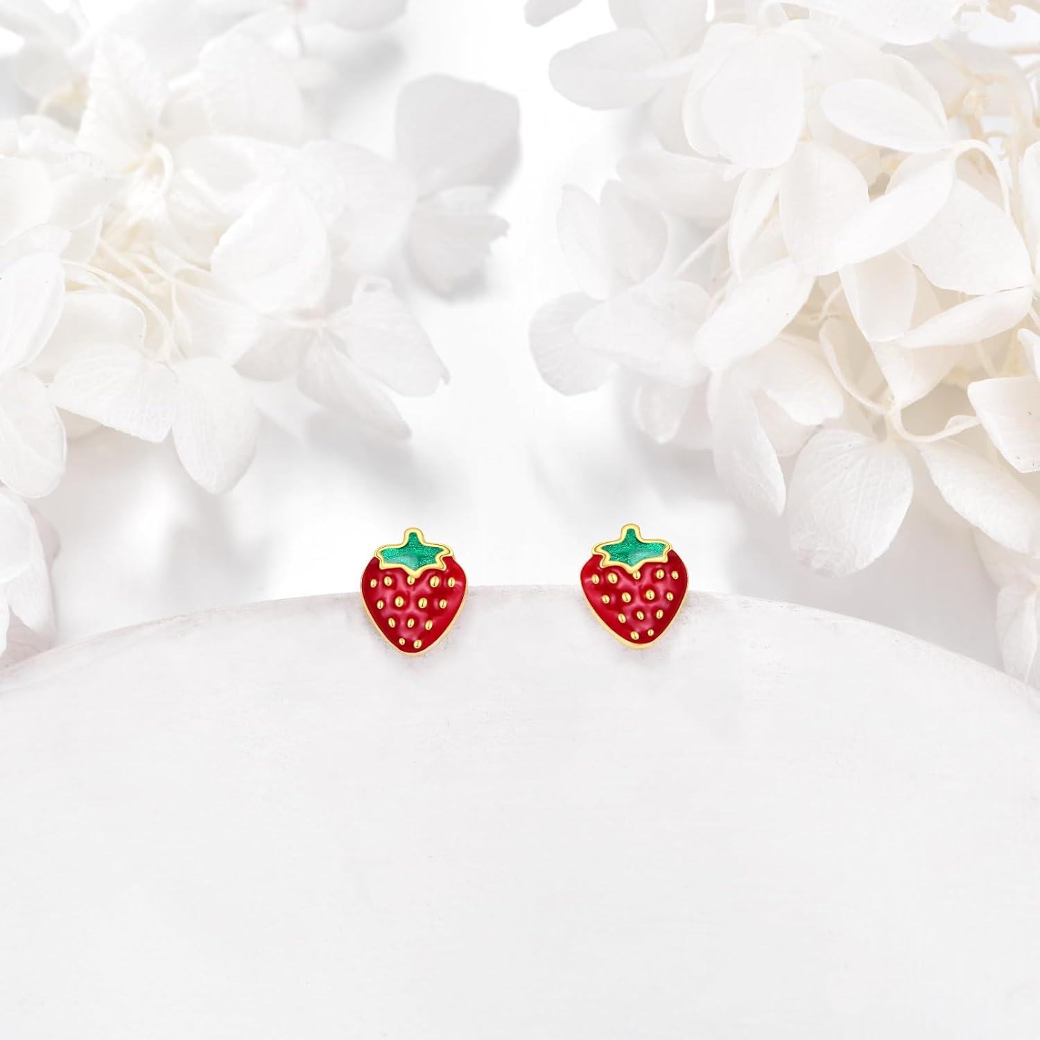 Sterling Silver Stone Strawberry Pineapple Stud Earrings Cute Fruit Jewelry Gift-0-3