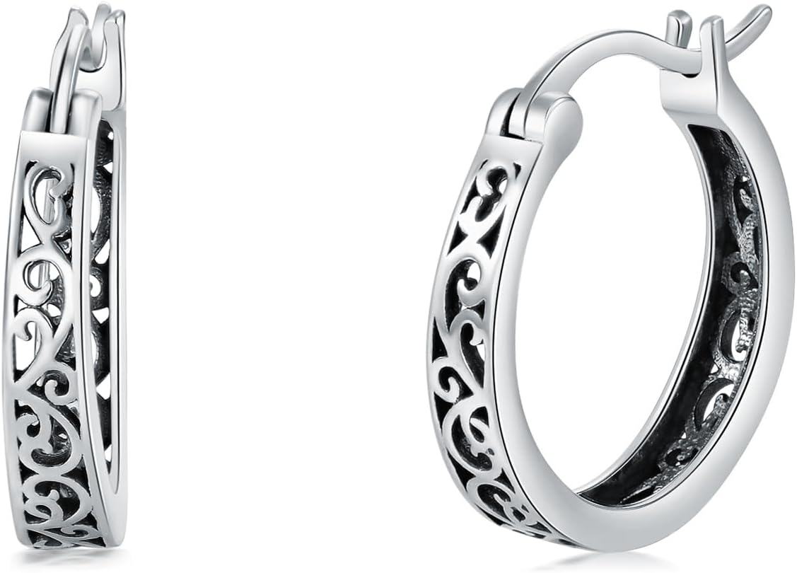 Sterling Silver Hypoallergenic Small Hoop Sun Leaf Triangle Huggie Earrings for Women-Filigree-Oxidizied-Filigree-Oxidizied