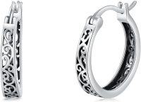 wholesale 925 Sterling Silver Hypoallergenic Small Hoop Scrollwork Huggie Earrings for Women-Filigree-Oxidizied-Filigree-Oxidizied