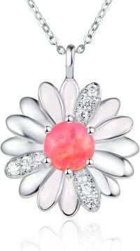 wholesale 925 Sterling Silver & Opal Daisy Flower Necklace with Cubic Zirconia, 18+2 Chain, 4.9g-Red