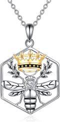 wholesale 925 Sterling Silver Honeycomb Bee with Crown Pendant Necklace for Women Gifts-0-0