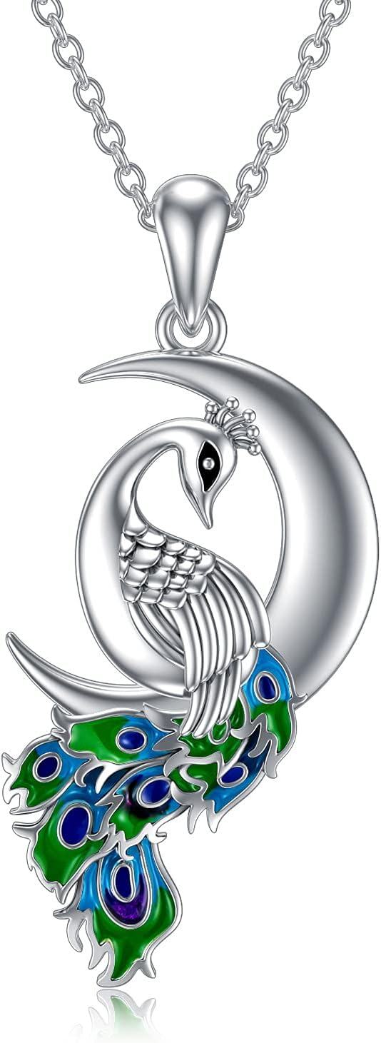 Sterling Silver Moon Crystal Peacock Pendant Cremation Urn Jewelry-Peacock Moon