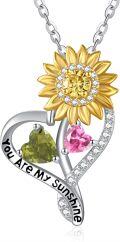 wholesale S925 Sterling Silver Sunflower Pendant Necklace with 1Ct Peridot & Tourmaline, Birthstone Gift for Women-0-0