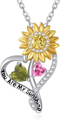 wholesale S925 Sterling Silver Sunflower Pendant Necklace with 1Ct Peridot & Tourmaline, Birthstone Gift for Women-08-10-Aug-Oct