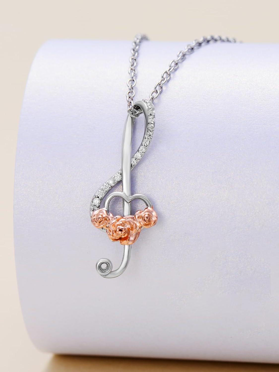 925 Sterling Silver Musical Notes & Roses Pendant Necklaces for Women - Theatre Gifts in Box-0-5