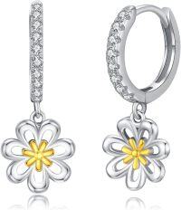 wholesale 925 Sterling Silver Flower Drop Dangle Huggie Hoop Earrings with Cubic Zirconia and Gold Plated Center-Daisy Dangle Hoop Earrings