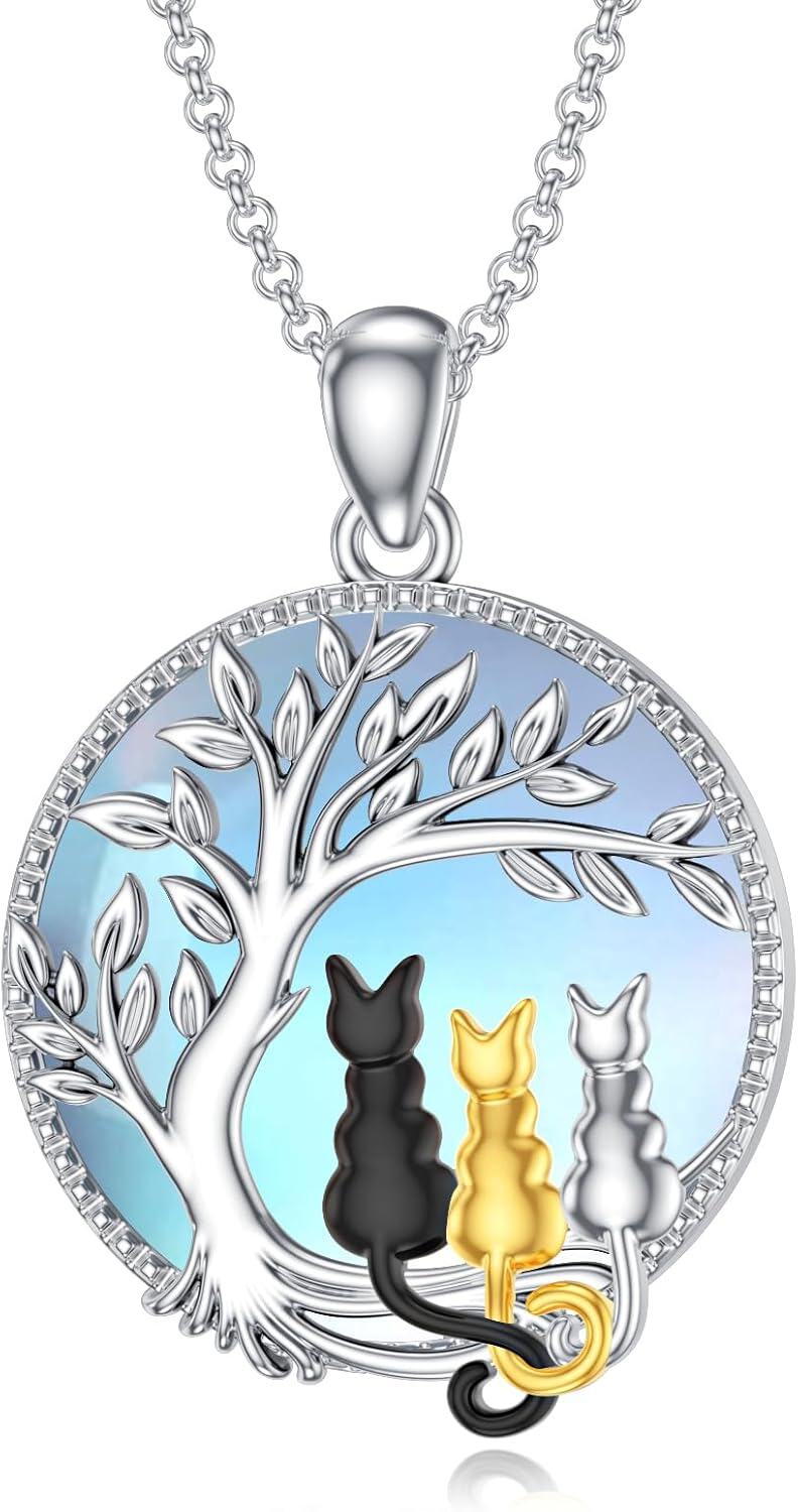 wholesale 925 Sterling Silver Moonstone Tree of Life Cats Pendant Necklace for Women Mom Wife Cat Lovers Gift-0-0