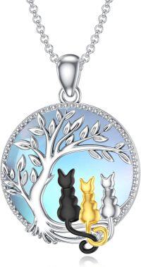 wholesale 925 Sterling Silver Moonstone Tree of Life Cats Pendant Necklace for Women Mom Wife Cat Lovers Gift-Tree of life three cats necklace