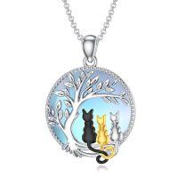 wholesale 925 Sterling Silver Moonstone Tree of Life Cats Pendant Necklace for Women Mom Wife Cat Lovers Gift-Tree of life three cats necklace