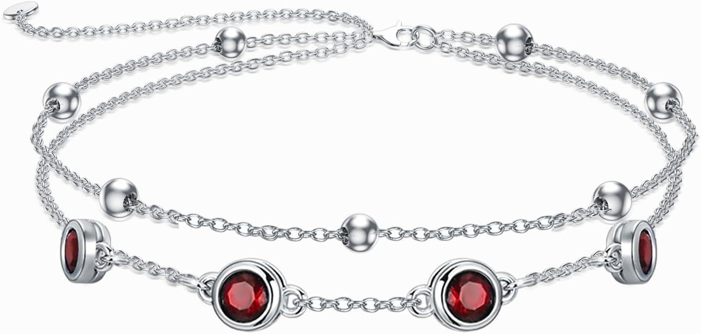 Sterling Silver Birthstone Anklet Bracelets for Women Gifts-01-Garnet Bracelet 7\"-9\"