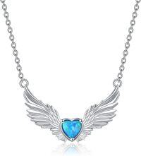 wholesale 925 Sterling Silver Blue Opal Winged Heart Pendant Necklace for Women-Angel Wings Heart