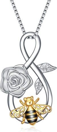 wholesale 925 Sterling Silver Rose & Honeybee Infinity Love Pendant Necklace for Women and Teen Girls-Silver-rose flower and bee