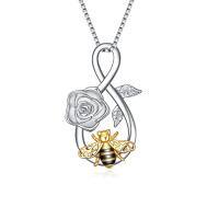 wholesale 925 Sterling Silver Rose & Honeybee Infinity Love Pendant Necklace for Women and Teen Girls-Silver-rose flower and bee