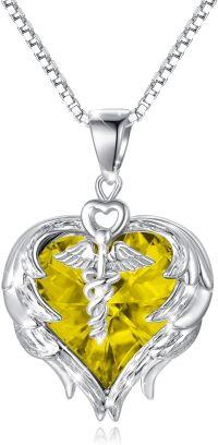 wholesale Sterling Silver Austrian Crystal Caduceus Angel Wing Heart Nurse Necklace-Yellow