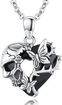 wholesale 925 Sterling Silver Heart with Butterfly and Black Stone Pendant Necklace-Gothic Butterfly
