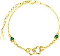 wholesale Sterling Silver Cubic Zirconia Double Heart Chain Jewelry for Women-05 May - Emerald-Yellow Gold-Bracelet 7''-9''