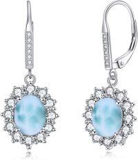 wholesale 925 Sterling Silver Oval Cut Birthstone Dangle Leverback Earrings for Women Mom-Larimar Earrings