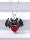 wholesale 925 Sterling Silver Red Heart Gothic Bat Skull Pendant Necklace-0-3