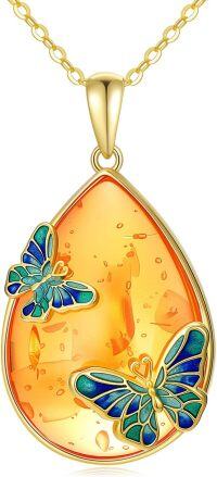 wholesale Gold-Plated 925 Sterling Silver Amber Butterfly Pendant Necklace-Butterfly