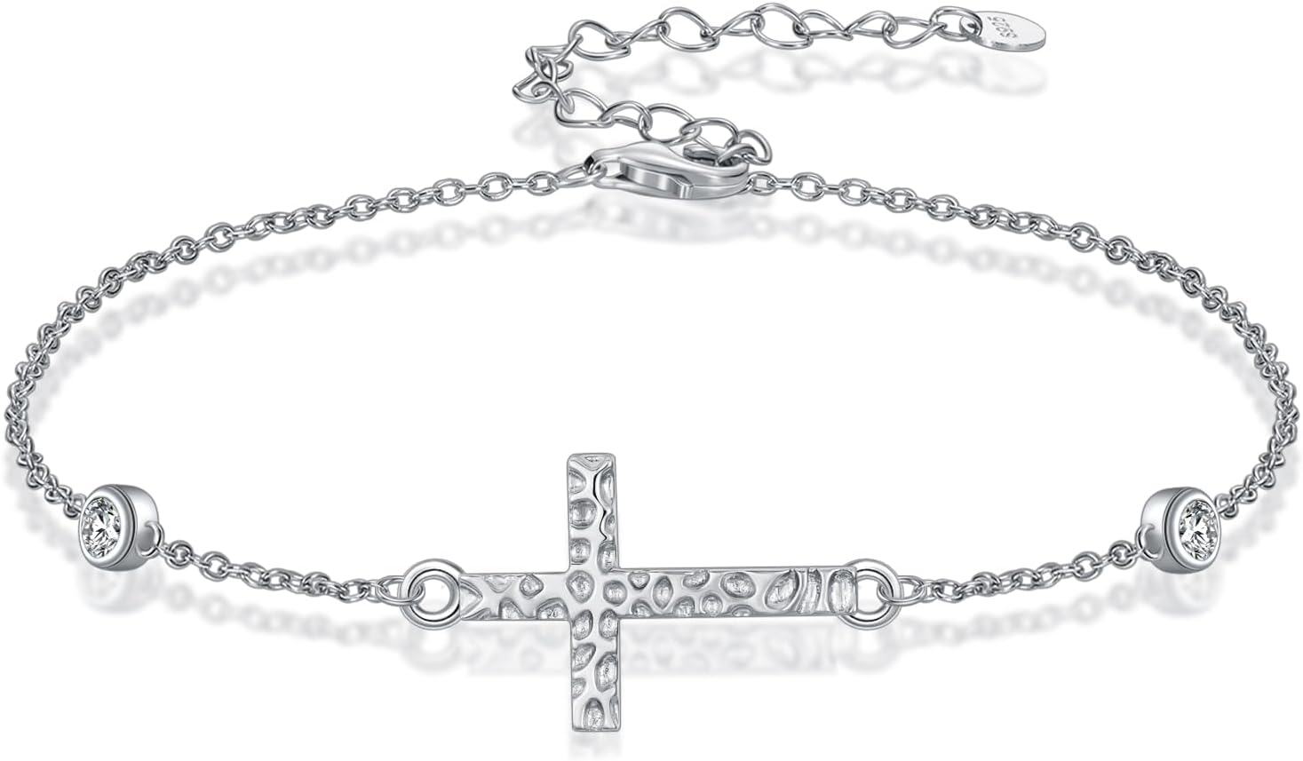 wholesale 925 Sterling Silver Cross Bracelet with CZ Stones and Hammered Finish-0-0