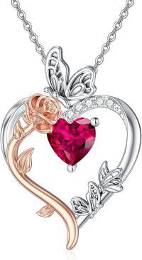 wholesale TOUPOP July Birthstone Necklace 925 Sterling Silver Rose Heart Ruby Necklace Heart Butterfly Pendant Necklace Jewelry Anniversary Birthday Christmas Gifts For Women Her Wife Girlfriend Mom -undefined