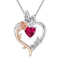 TOUPOP Sterling Silver Ruby Rose Heart Butterfly Pendant Necklace-undefined