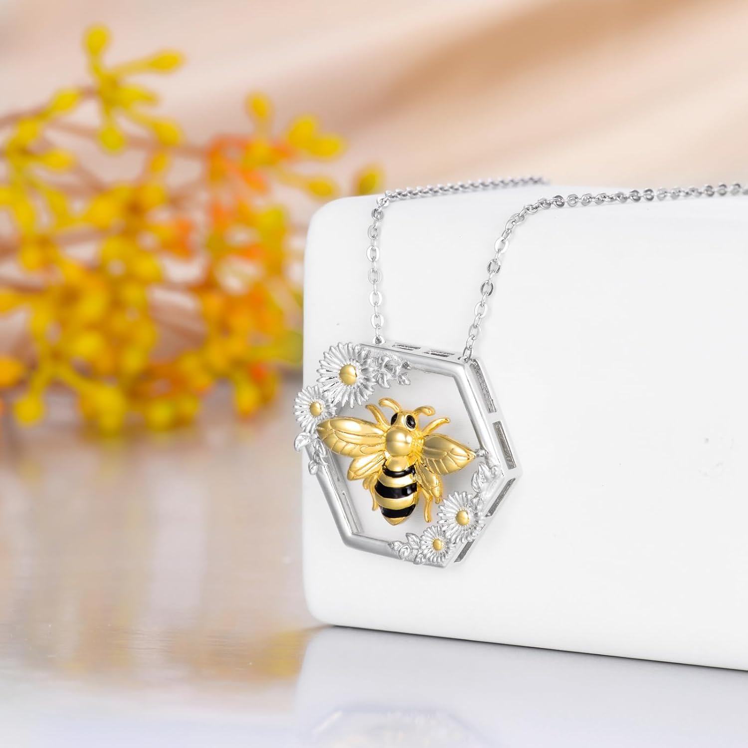 925 Sterling Silver Honeycomb Bee Pendant Necklace for Girls-0-2