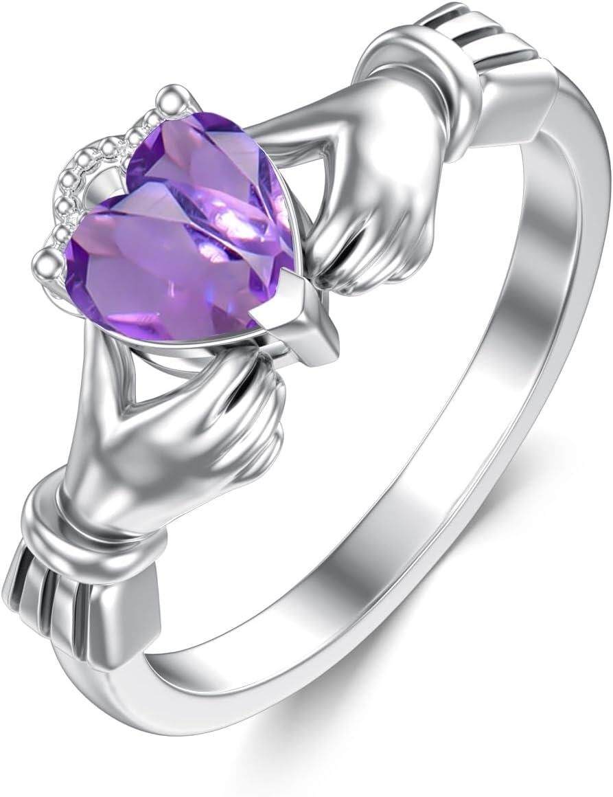 Sterling Silver Amethyst Claddagh Ring for Women Irish Heart Jewelry Gift-0-0