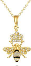 wholesale 14K Gold Queen Bee Pendant Necklace with Crystal Crown and Honeycomb Design for Women's s-0-0