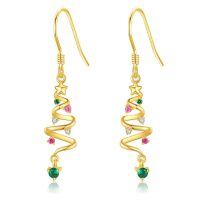 wholesale 14k Yellow Gold Christmas Tree Earrings With Pink Green And White Gemstones-Christmas Tree Earings