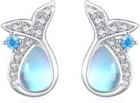 wholesale 925 Sterling Silver Teardrop Blue Moonstone Animal Stud Earrings for Women Girls -Mermaid Tail