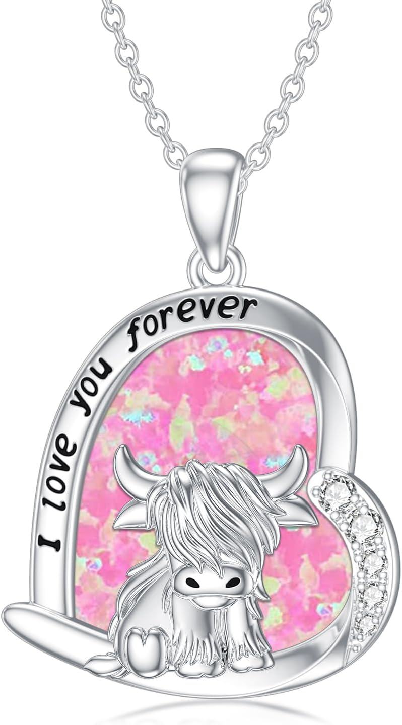 Sterling Silver Highland Cow Birthstone Necklace Jewelry Gifts for Women Girls-8-5-Pink Opal-8-5-Pink Opal