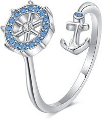 wholesale 925 Sterling Silver White Sapphire Blue Gemstone Adjustable Nautical Anchor Ring-Blue Topaz