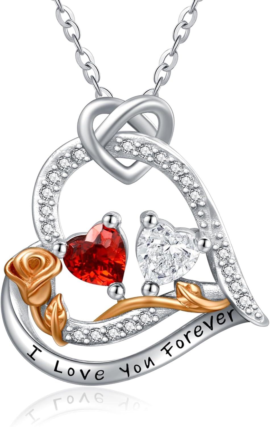  Sterling Silver 2 Birthstones Rose Heart Necklace for Women -01-04-Jan-Apr