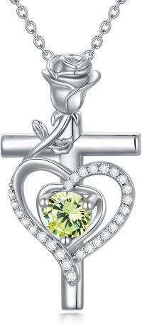 wholesale 925 Sterling Silver Birthstone Cross Necklace for Women Mother s Day Anniversary Birthday Gift for Wife Mom-08-Aug-Light Green