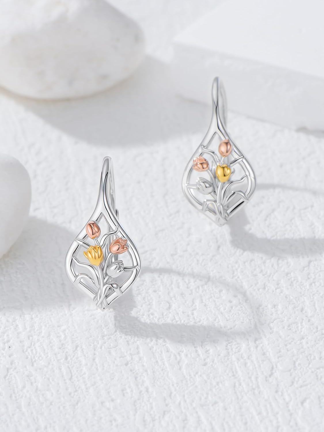 wholesale 925 Sterling Silver Tulip Flower Tree of Life Leverback Earrings s for Women Mom Birthday Mothers Day-0-1