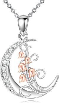 wholesale 925 Sterling Silver Crescent Moon & Lily of the Valley Pendant Necklace for Women - Mother's Day Gifts-Lily of Valley Necklace