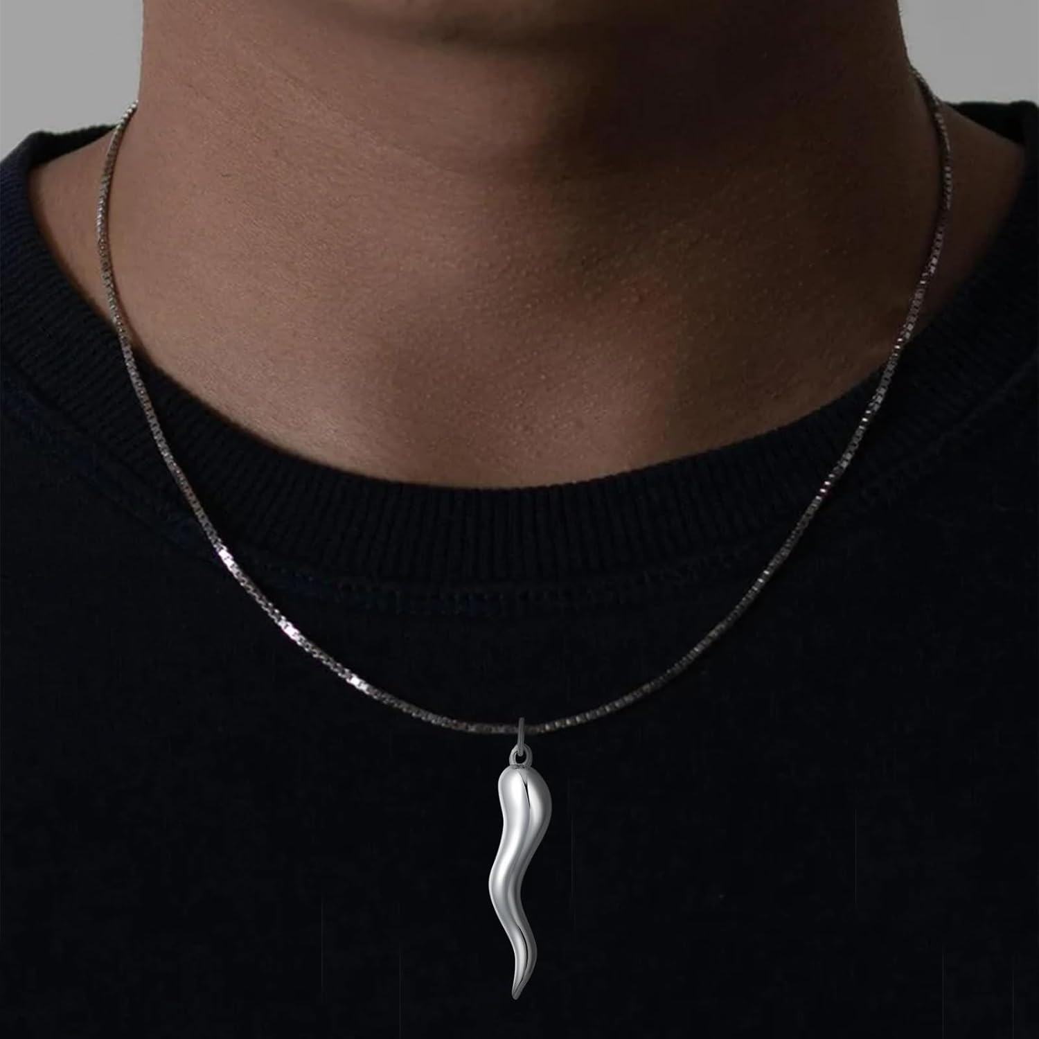 Sterling Silver Italian Horn Necklace for Men Women Lucky Cornicello Charm Pendant with Chain Italy Jewelry Gift-0-3