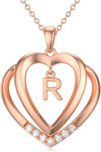 wholesale Sterling Silver Moissanite Heart Initial Pendant Necklace for Her-Rose Gold - R Initial
