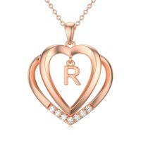 wholesale 925 Sterling Silver Moissanite Heart Initial Pendant Necklace for Her-Rose Gold - R Initial