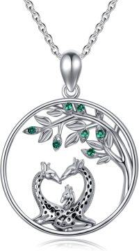 wholesale 925 Sterling Silver Tree of Life Giraffes Heart Shape Pendant Necklaces with Green Stones s for Girls/Women/Mom/Sister-Giraffe-2