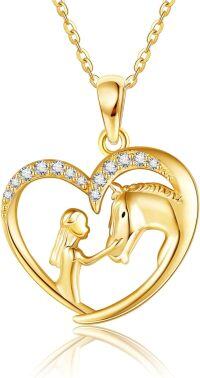 wholesale 14K Gold Heart Horse and Girl Charm Necklace for Women Mom Lover Gift-Horse and Women Necklace