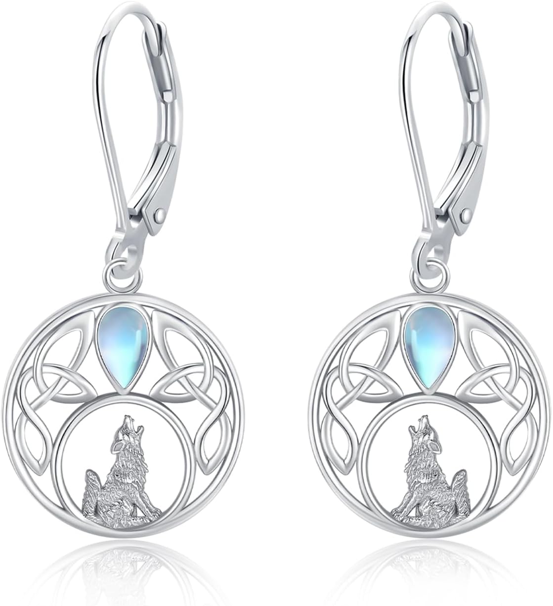 wholesale 925 Sterling Silver Moonstone Celtic Wolf Drop Earrings-0-0