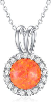 wholesale Sterling Silver Opal Necklace Round Opal Stone Pendant October Birthstone Gift-E_Red